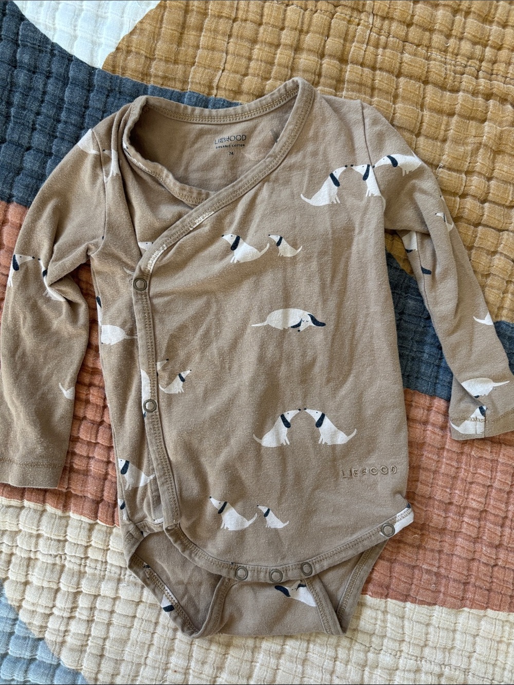 Liewood Organic Cotton Neutral Brown Baby Onesie with White Dog Print